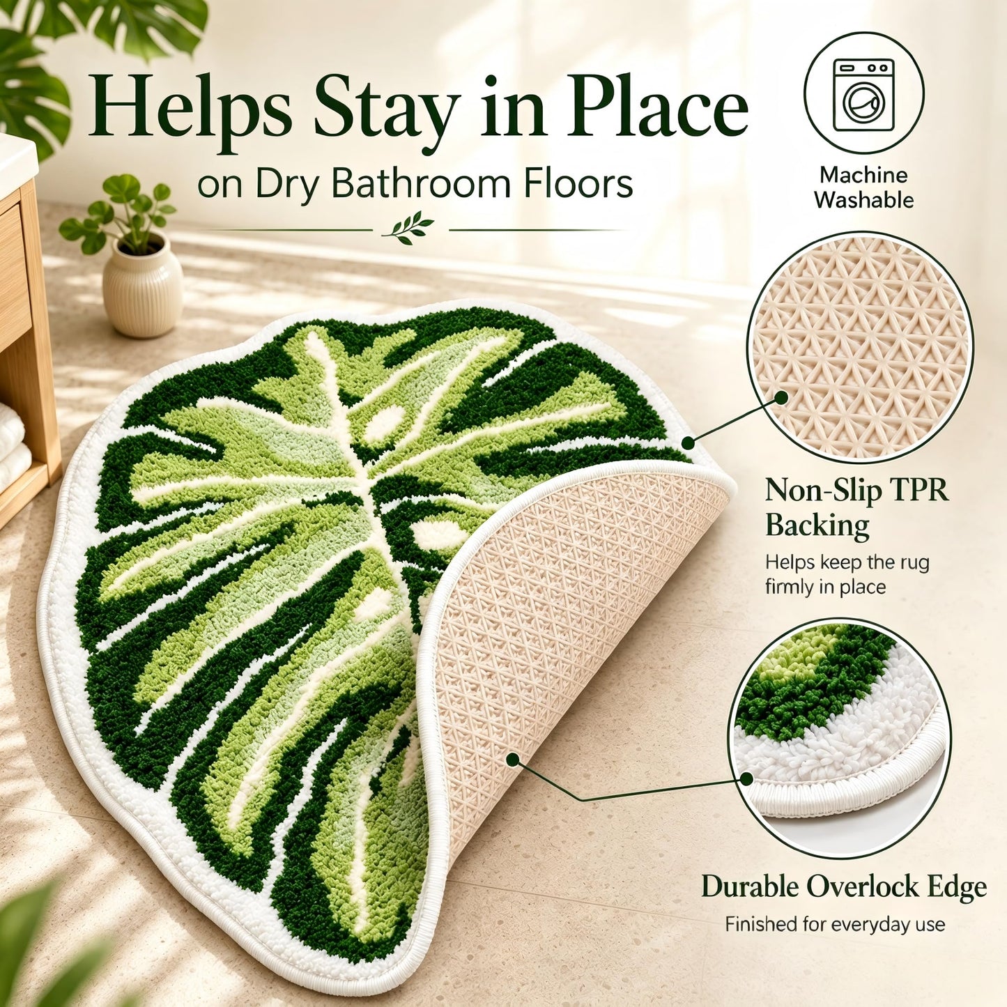 Softania Monstera Bath Mat, Green Leaf Bathroom Rug, Soft Non Slip Washable Plant Bath Mat for Tropical Green Boho Bathroom Decor (21" x 26")