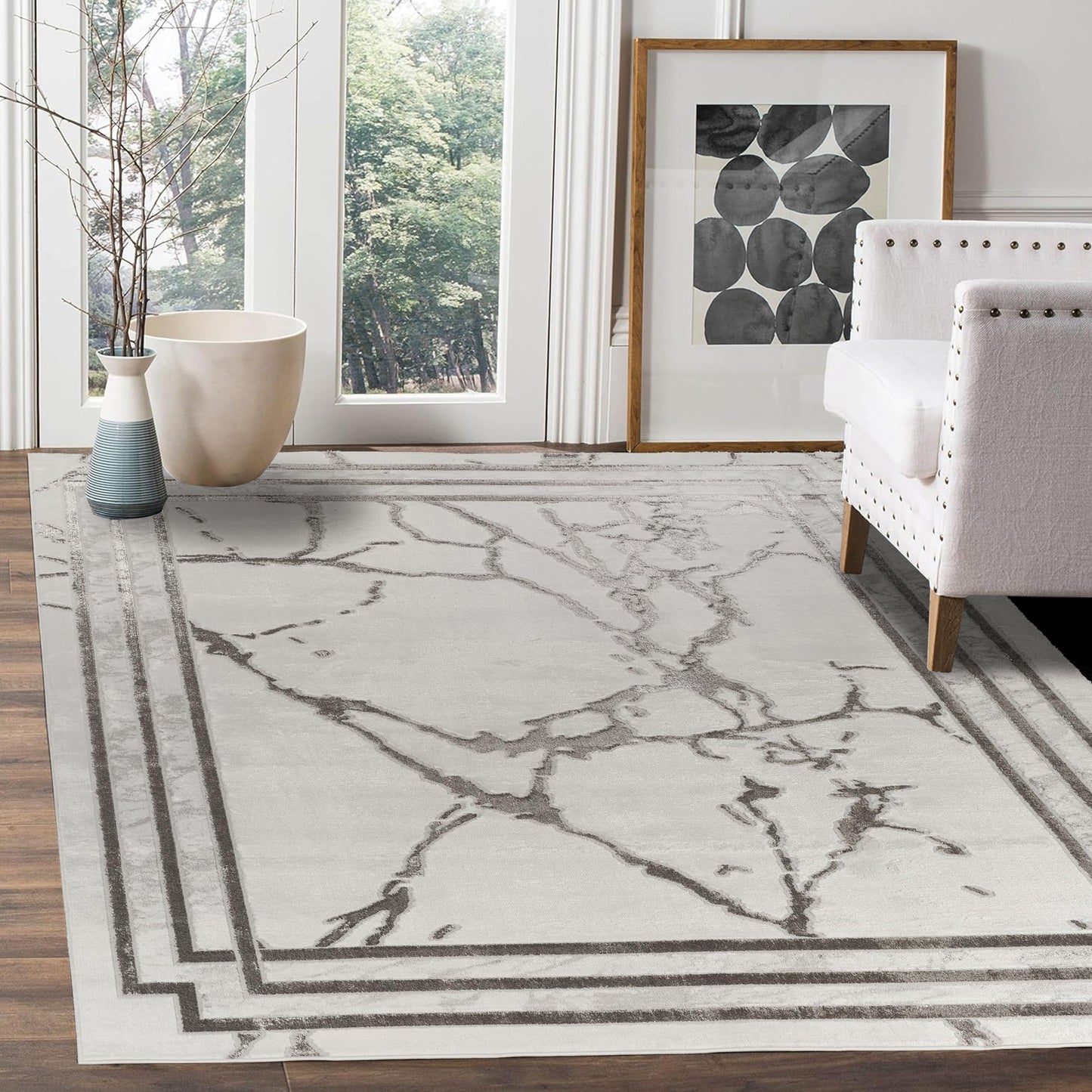 GLORY RUGS Area Rugs Marble 5x7 Cream Silver Border Carpet Elegant Modern Abstract Rug Living Room Dining Bedroom Rug