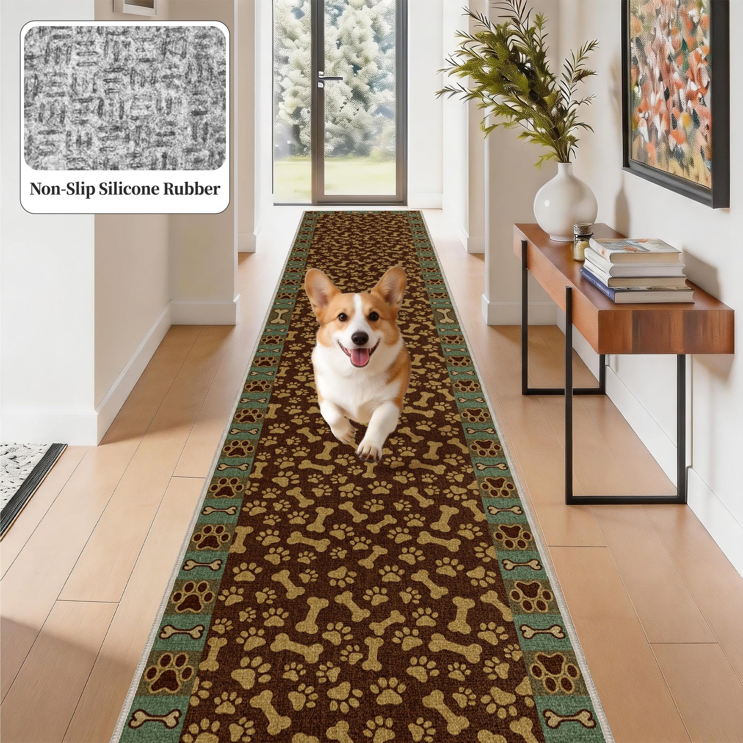 TTelephant Waterproof 2x6 Runner Rug Non Slip - Floor Runners for Dogs,Washable & Joint-Friendly Dense Loop Pile Carpet Runners for Hallway, Kitchen, Indoor Entryway, Laundry, Brown Paws