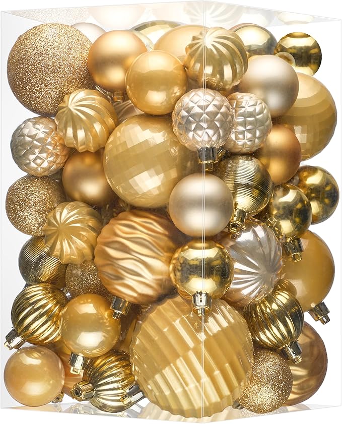 JORNOY Christmas Tree Ornaments Set, 47 Pack Assorted Shatterproof Hanging Balls Decorations, Plastic Bulbs Bulk with Lanyard for Home Holiday Party Decor, 3-Sizes (Gold)