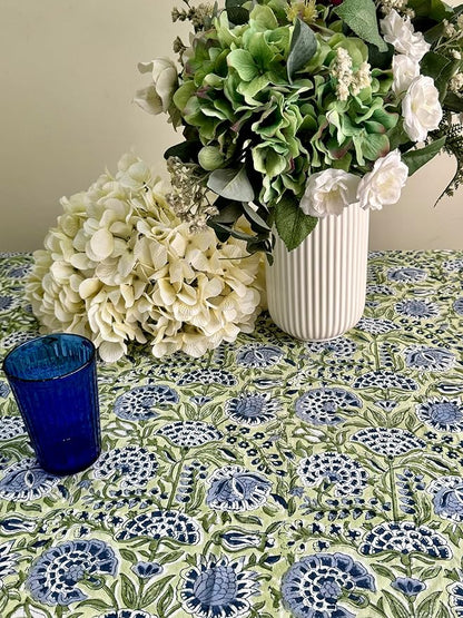 ATOSII Amara Green 100% Cotton Rectangle Fall Tablecloth, Handblock Floral Print Linen Table Cloth for Kitchen Dining I Parties, Weddings, Outdoors, Easter I Home Decor 60 X 90 Inches I 6 Seater