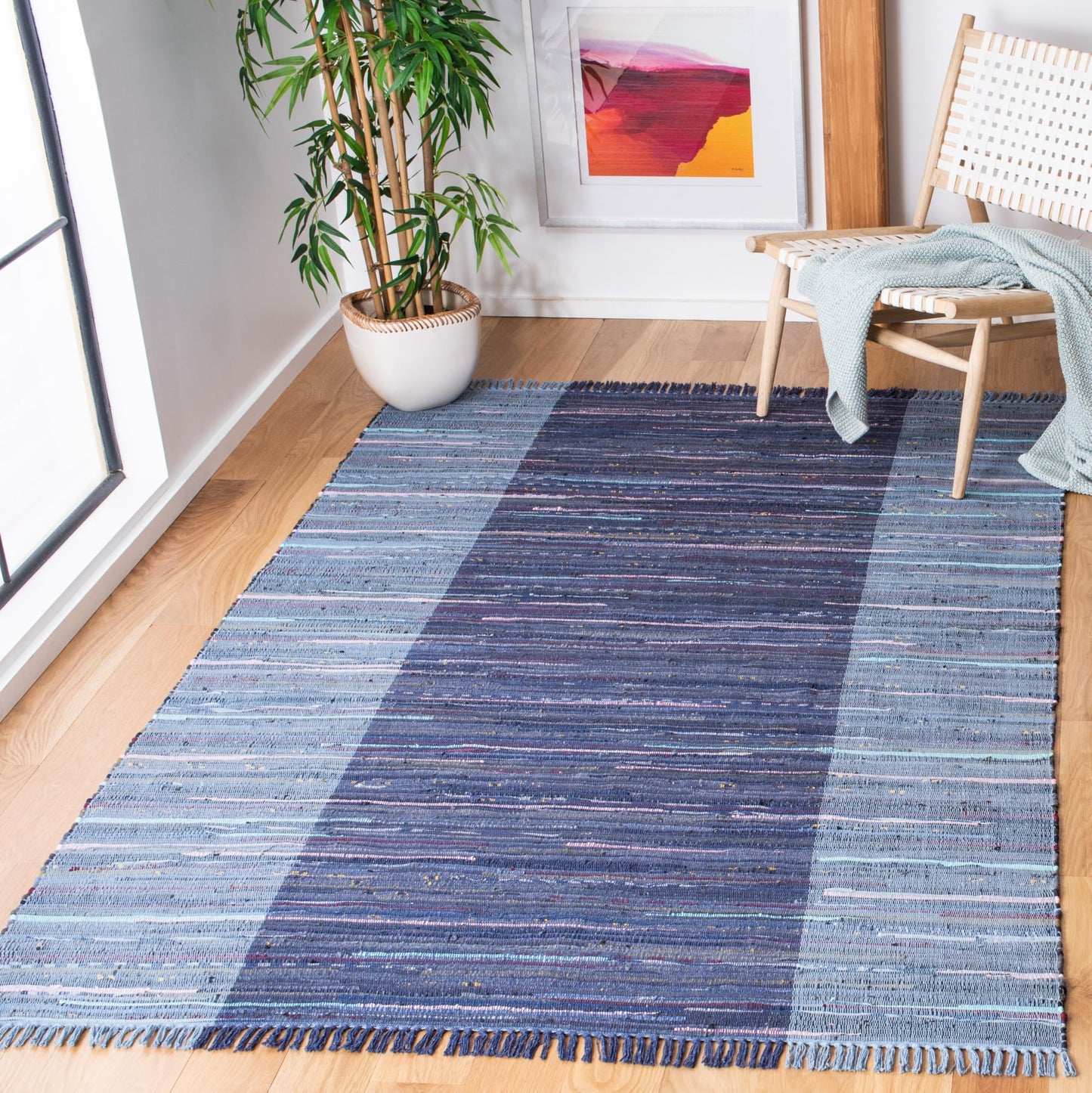SAFAVIEH Rag Rug Collection Area Rug - 6' x 9', Navy & Blue, Handmade Boho Stripe Cotton, Ideal for High Traffic Areas in Living Room, Bedroom (RAR122N)