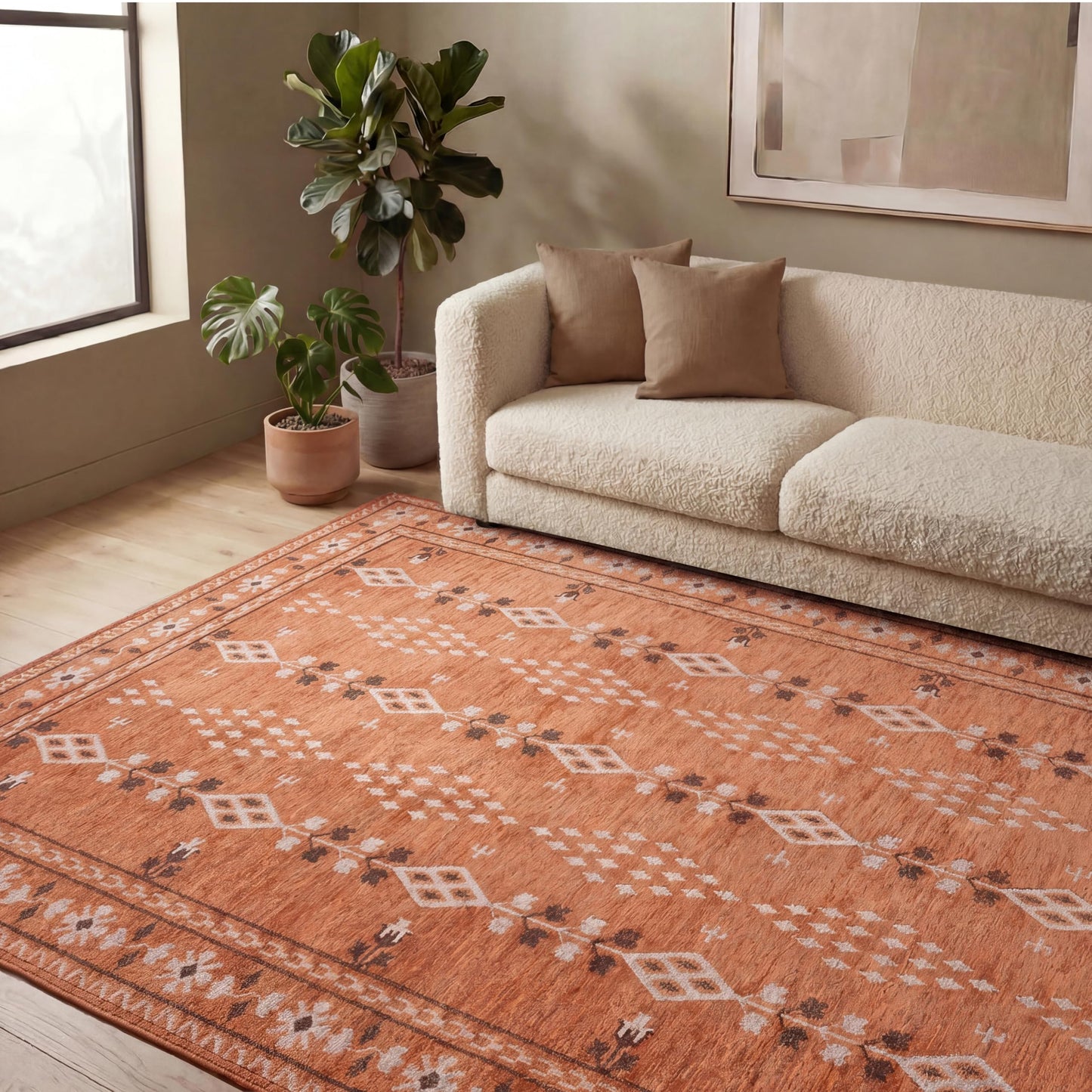 Revival Rugs Garland 4'x6' Washable Area Rug for Kitchen Bedroom Dining Room - Oeko-TEX Certified, Peach