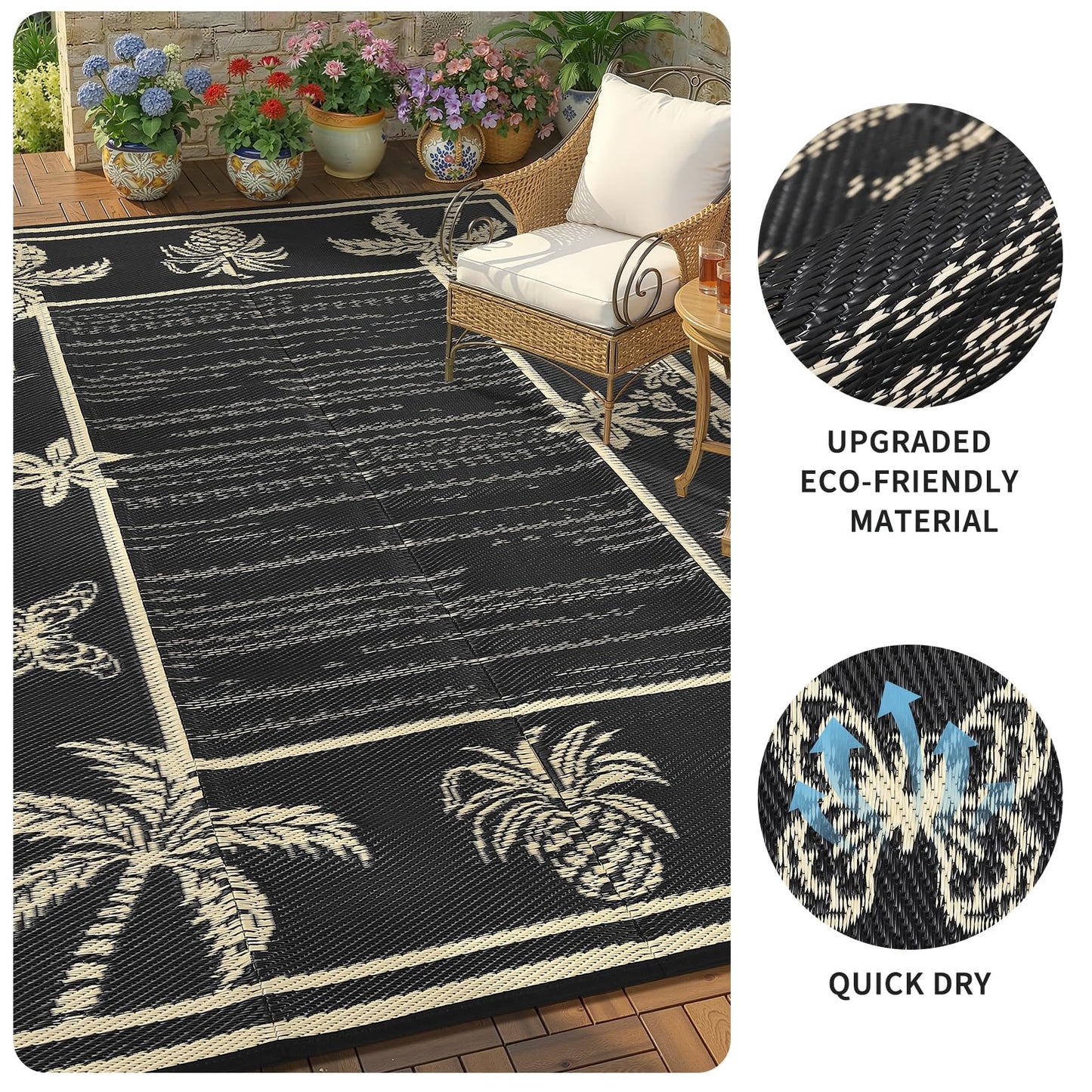 Garvee Outdoor Rug 5x8 Waterproof for Patios, Reversible Plastic Straw Rug, Tropical Leaf Indoor Outdoor Rugs, Large Area Rug for RV, Camping, Deck, Picnic Mat, Outside Carpet, Black & Brown