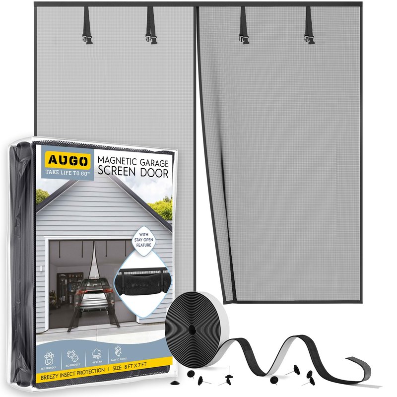 AUGO Garage Door Screen, 2 Car 8x7FT, Fiberglass mesh with Magnetic Closure, Heavy Duty Weighted Bottom, Easy Assembly & Pass, Hands Free Screen Door