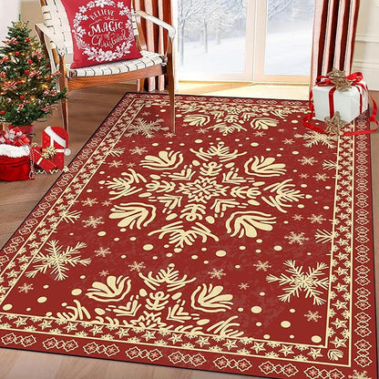 3' X 5' Christmas Area Rugs Snowflake Rug Washable for Indoor Entryway Bedroom Living Room Dorm Laundry Classroom Red Xmas Doormat for Kids Girls Women Floor Mat Pad Carpet