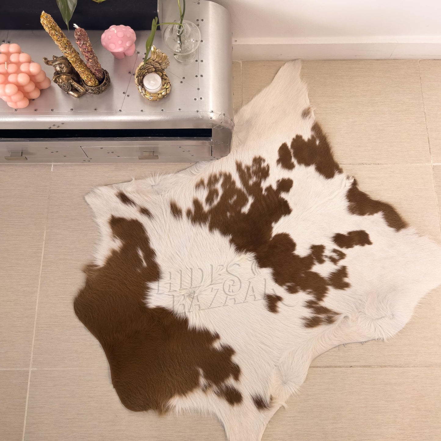 HIDES BAZAAR Calf Skin Brown and White Small Cowhide Rug Premium Cow Rugs for Living Room, Bedroom and Office - Real Cowhide Rug with Brown and White Pattern - Authentic Leather Cow Hide Rugs 3x2 ft