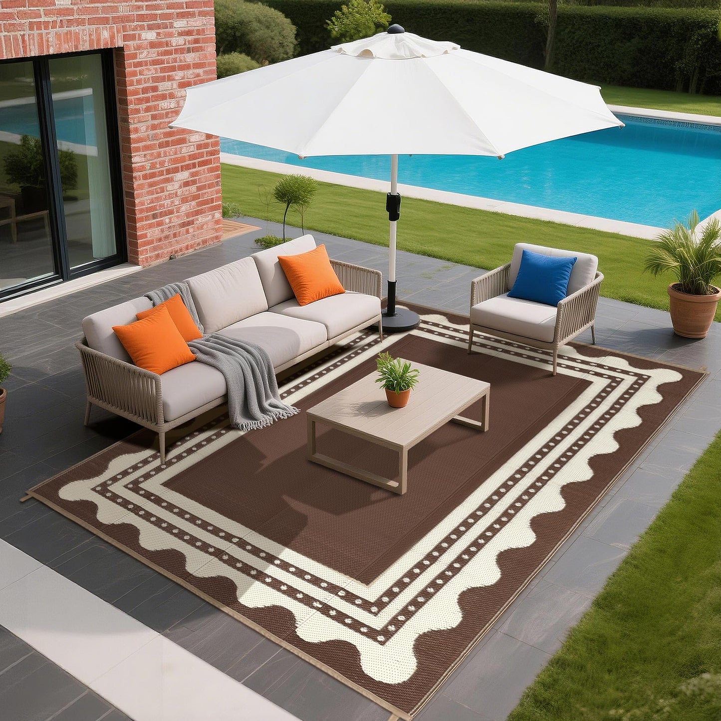 IDEALHOUSE Waterproof Outdoor Rug 9x12 for Patio, Reversible Modern Area Rug, Large Plastic Straw Mat for Camping, RV, Porch, Backyard, Deck, Picnic, Beach, Brown & Beige