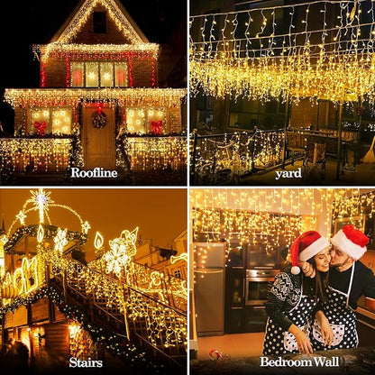 131 FT 1280 LED Christmas Lights Outdoor Decorations Super Long Clear Wire String Lights Plug in 240 Drops 8 Modes Memory Timer Curtain Fairy Lights Waterproof for Holiday Wedding Party-Warm White