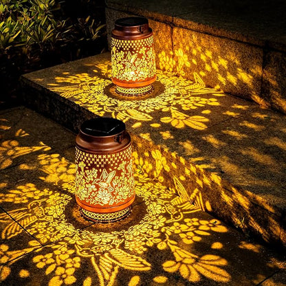 Boho Solar Lanterns Outdoor Birthday Gifts for Women Mom Grandma Metal Hanging Solar Powered Unique Garden Decorative LED Lights (Fengming)
