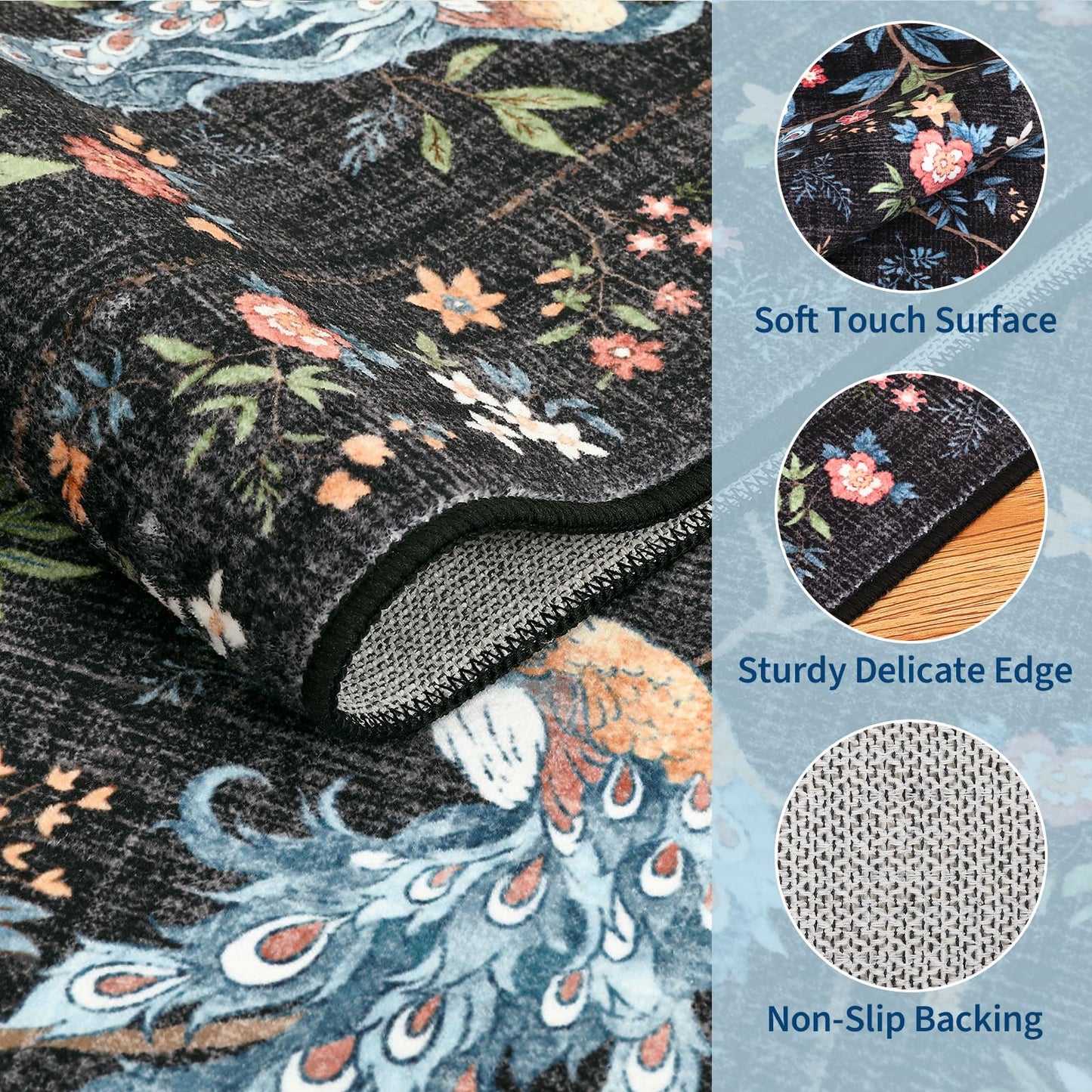 GarveeHome 5x7 Area Rug Floral Peacock Black Washable Rugs for Living Room Bedroom, Soft Low Pile Non Slip Accent Floor Mat Animal Print Throw Rug Indoor Carpet Dining Room Playroom