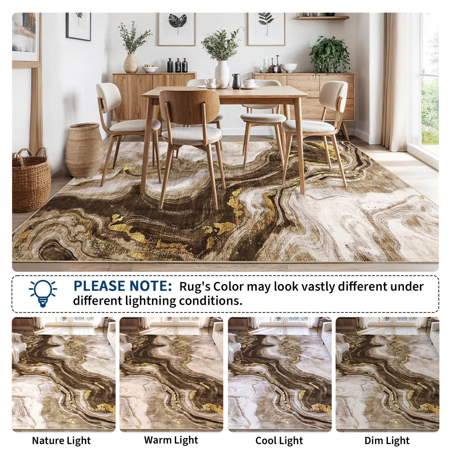 GarveeHome Modern Washable Rugs 5x7 Neutral Abstract Throw Rugs, Non-Slip Abstract Accent Carpet with Marble Swirl Pattern, Stain-Resistant Low Pile Indoor Carpet Rug for Living Room, Bedroom, Brown