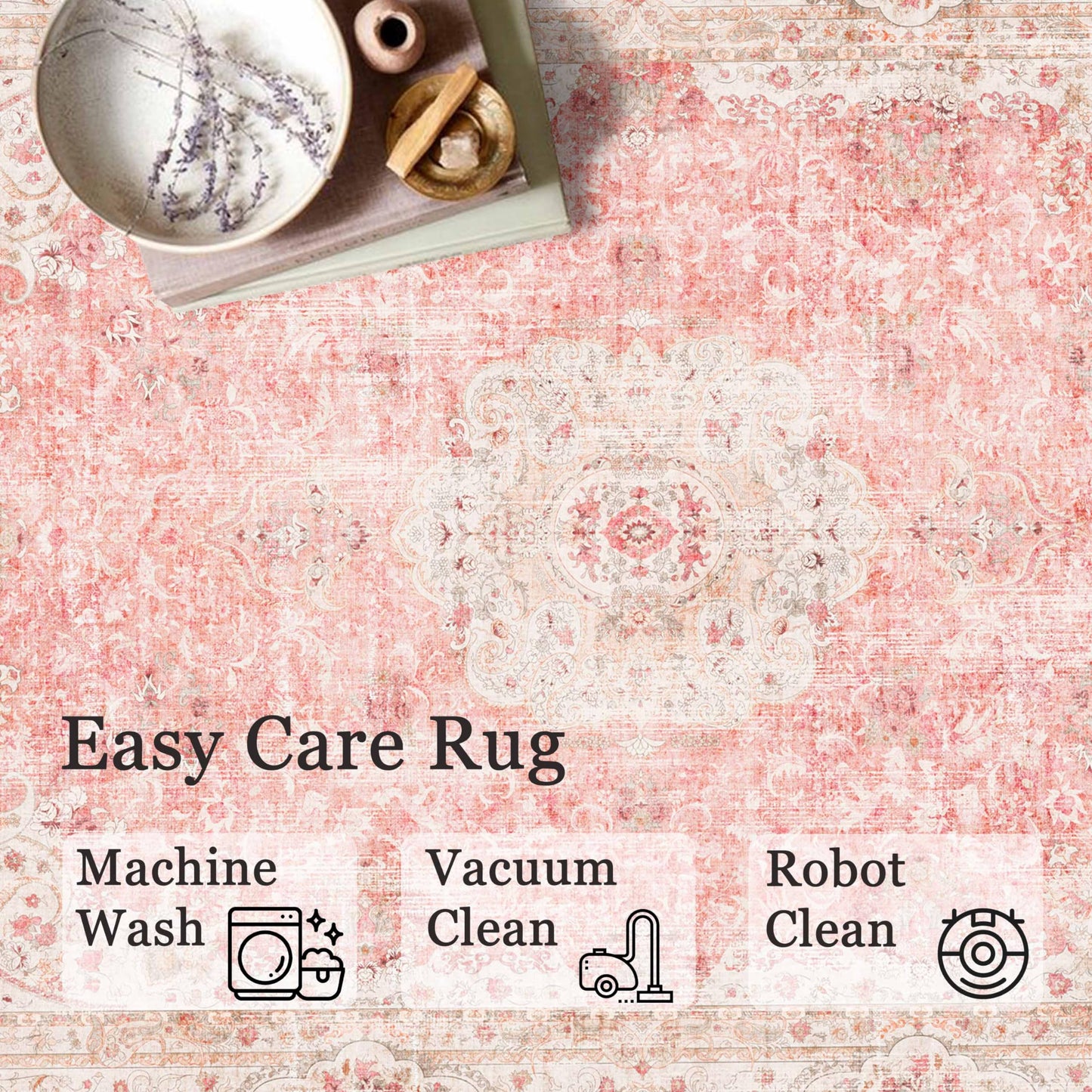 Castage 5x7 Area Rugs Washable,Pink Rug for Living Room Bedroom Kitchen,Large Boho Vintage Bohemian Distressed Carpet Non Slip,Blush