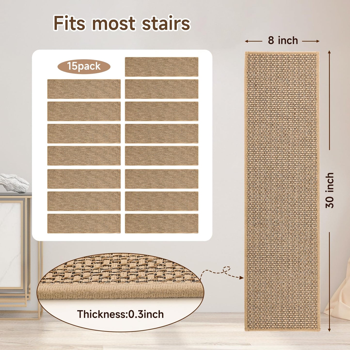 Carpet Stair Treads for Wooden Steps Indoor, 8x30 Inch Non-Slip Stair Runner & Treads for Wooden Steps with Reusable Adhesive -15-Pack (Beige), Safe for Kids, Elders, Pets