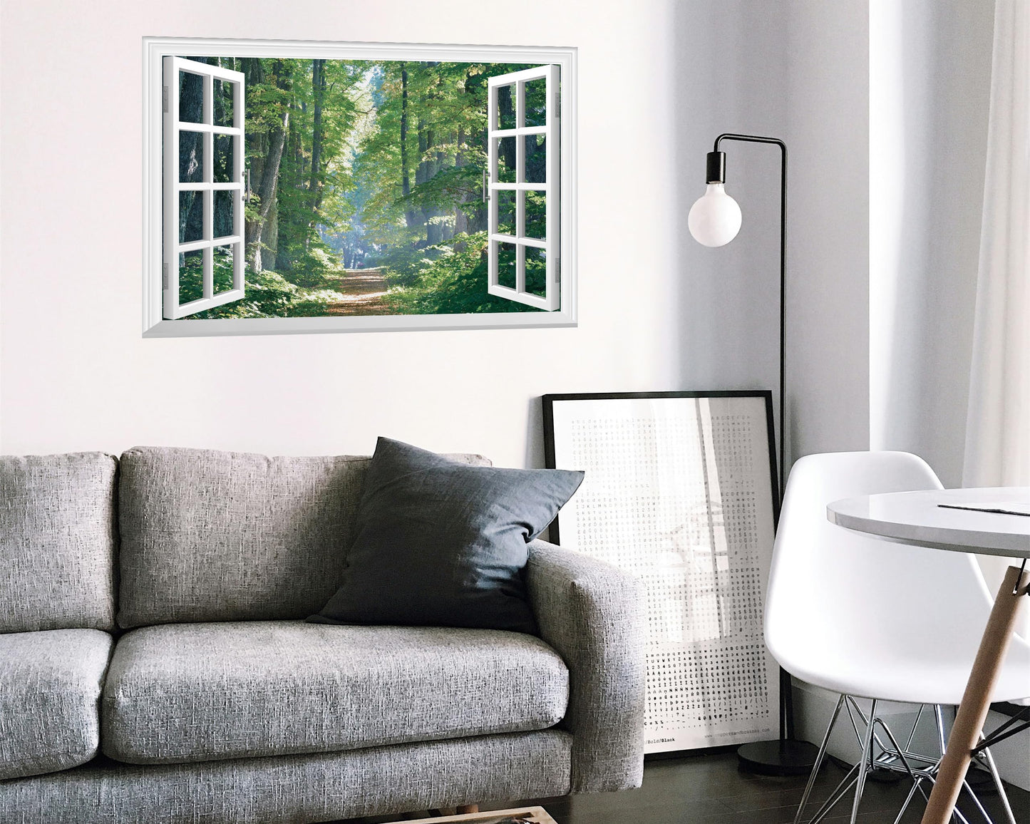 FLFK Fake Window Wall Mural - Road in The Forest Faux Window Wall Sticker for Wall Decor, Peel and Stick Wall Decals,48"x32",Set of 2 Sheets