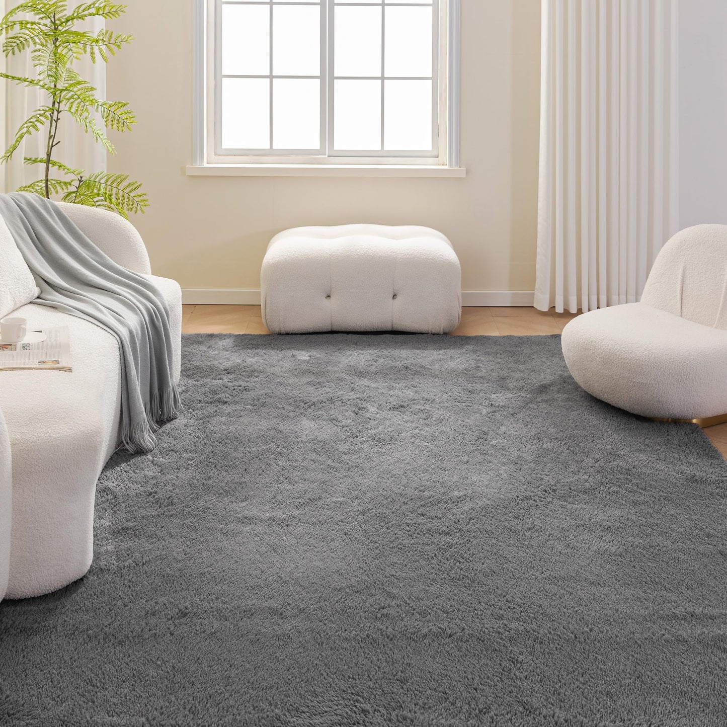 Amazon Basics Fluffy Washable Area Rug, Shaggy Carpet for Living Room, Bedroom, 4' W × 6' L, Dark Gray