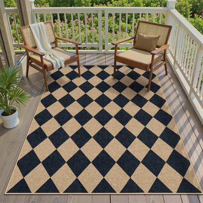 Lanffia Checkered Easy Jute 5x7 Outdoor Rug, Black Washable Rugs 5x7 for Living Room Neutral Indoor Outdoor Carpet, Non Slip Stain Resistant Checkerboard Rug for Backyard Dining Room Classroom