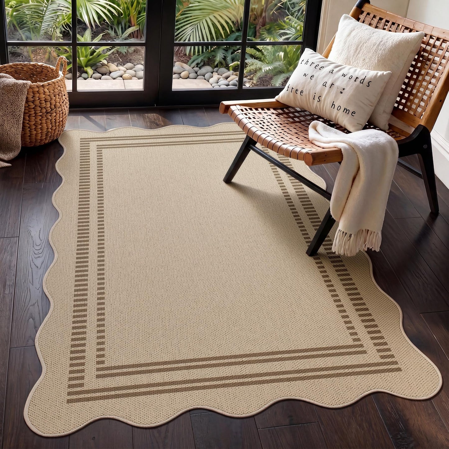 Tribesigns Scalloped Easy Jute 3x5 Indoor Outdoor Patio Rug, Tan/Striped Washable Non-Slip Kitchen Area Rugs for Entryway Door, Farmhouse Modern Carpet for Living Bedroom Office