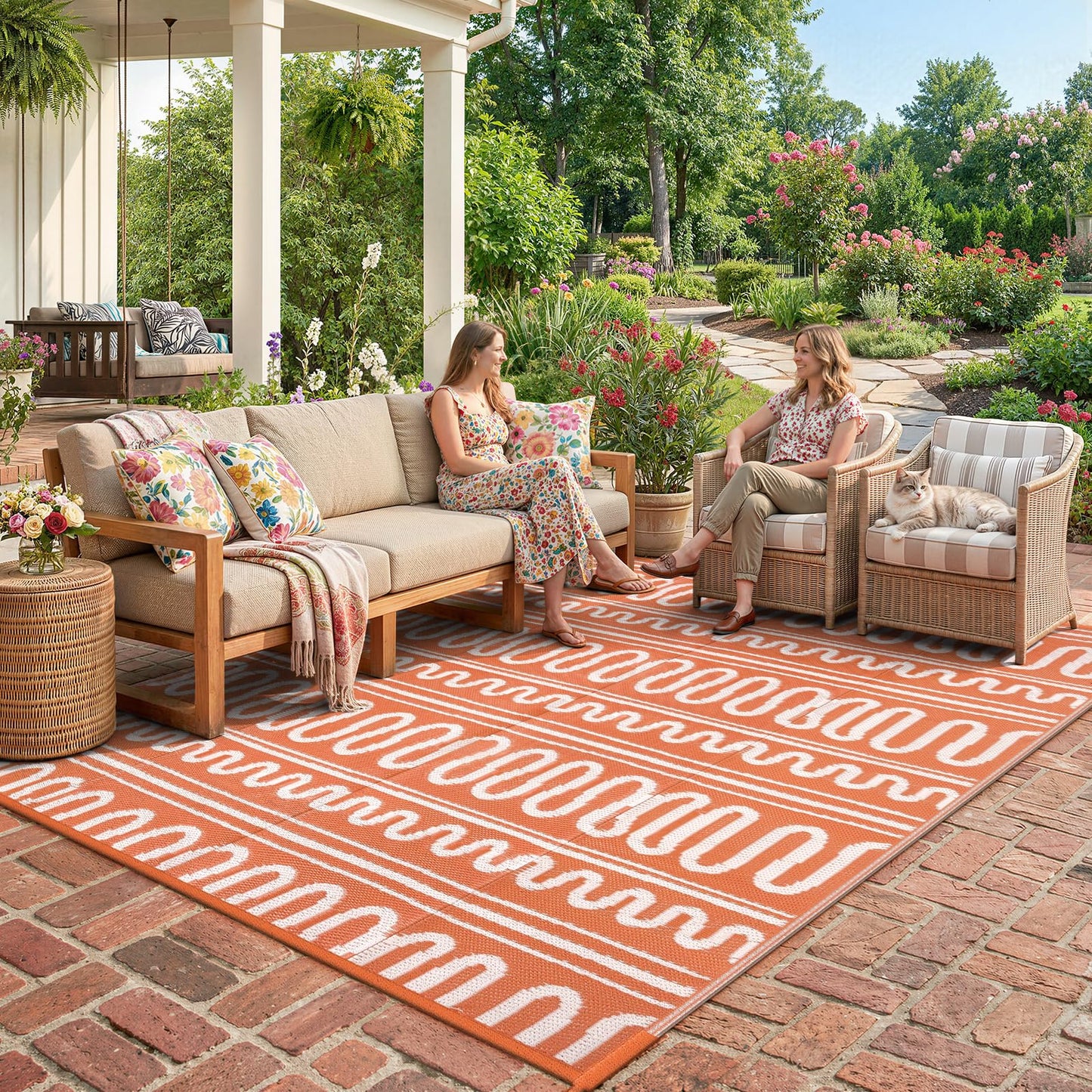 Beeiva Boho Outdoor Rug 8x10 Waterproof for Patio, Reversible Plastic Straw Rug for RV Camping, Deck, Balcony, Backyard, Orange