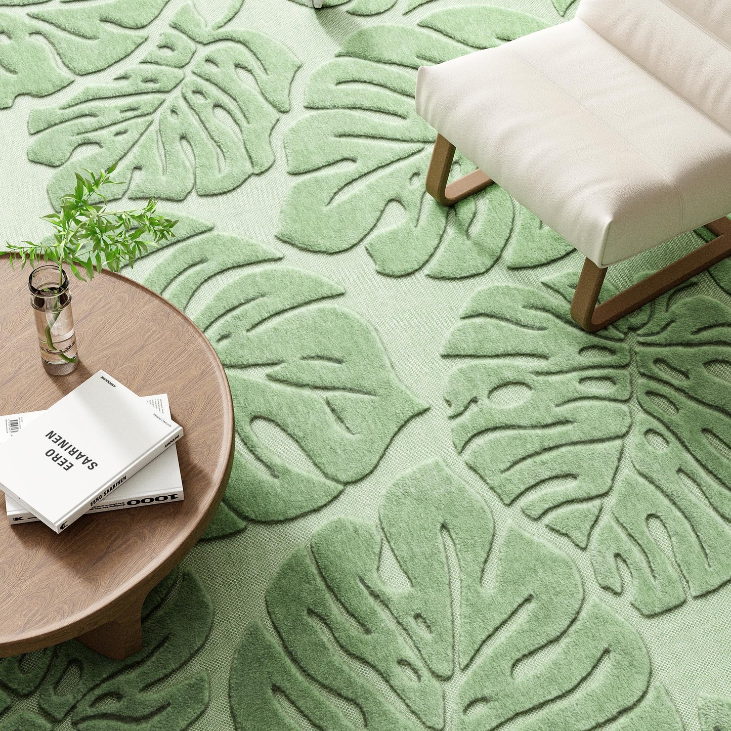 Sage Green Monstera Area Rug 5x7, High-Low Plush Pile Washable Rugs for Living Room Bedroom, Tropical Non Slip Nursery Carpet Soft Indoor Shag Rugs for Dining Room