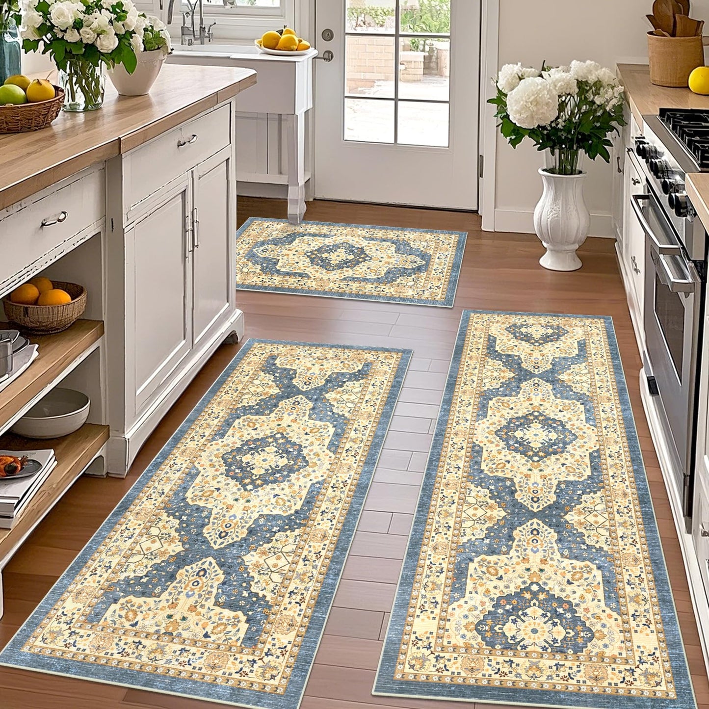 TUKDAK Boho Non-Slip Washable Kitchen Rug Set of 3, Soft Thick Stain Resistant Kitchen Floor Mats, Yellow & Blue Farmhouse Decor Rugs for Sink Front, Hallway, Bathroom, Entryway, Laundry Room