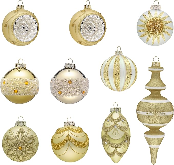 Valery Madelyn Glass Christmas Ornaments Set, 10ct White Gold Mercury Blown Glass Christmas Tree Ball Decorations, Luxury Xmas Hanging Teardrop Finial Faceted Reflector for Holiday Decor