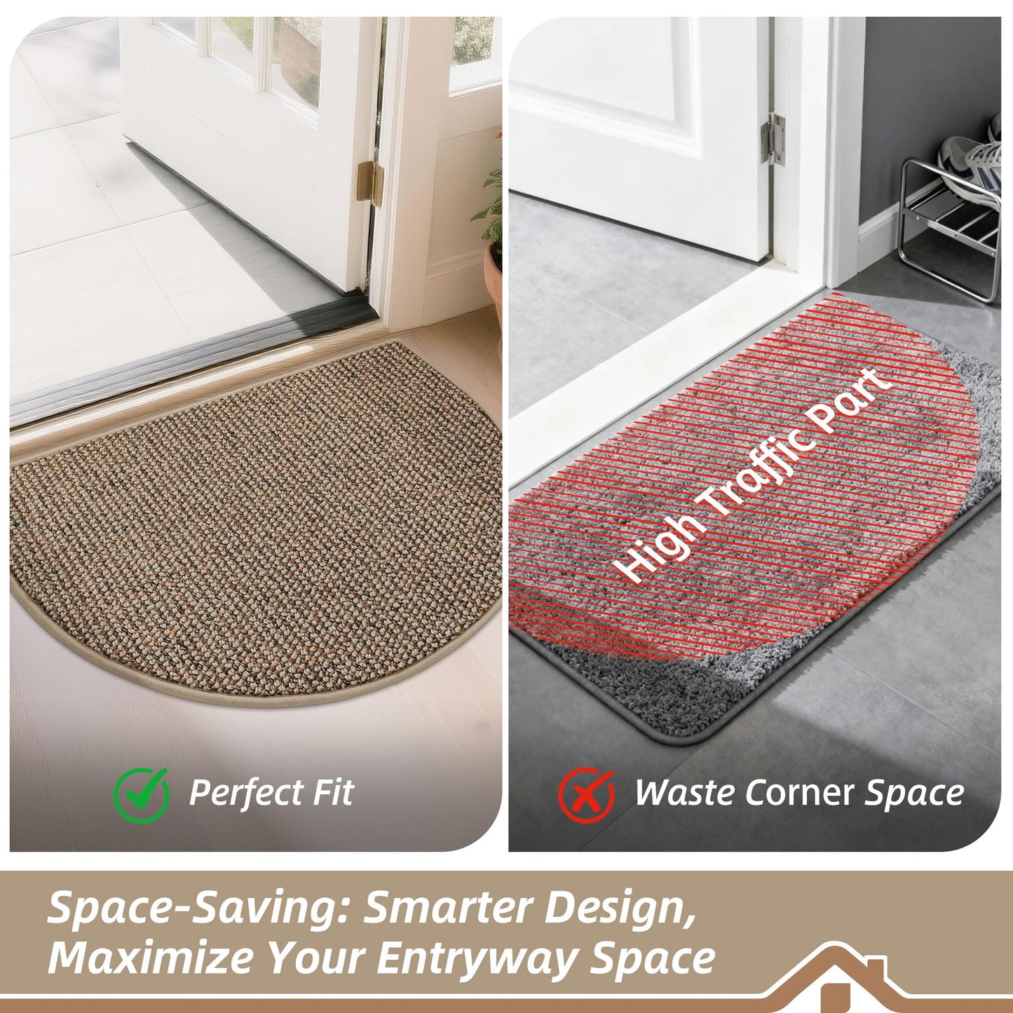 BEQHAUSE Dirt Trapper Door Mat 17" x 30" Half Circle Non Slip Washable Doormats Entrance Rugs Absorbent Welcome Low Profile Floor Mats for Front Back Door and Entryway, Taupe
