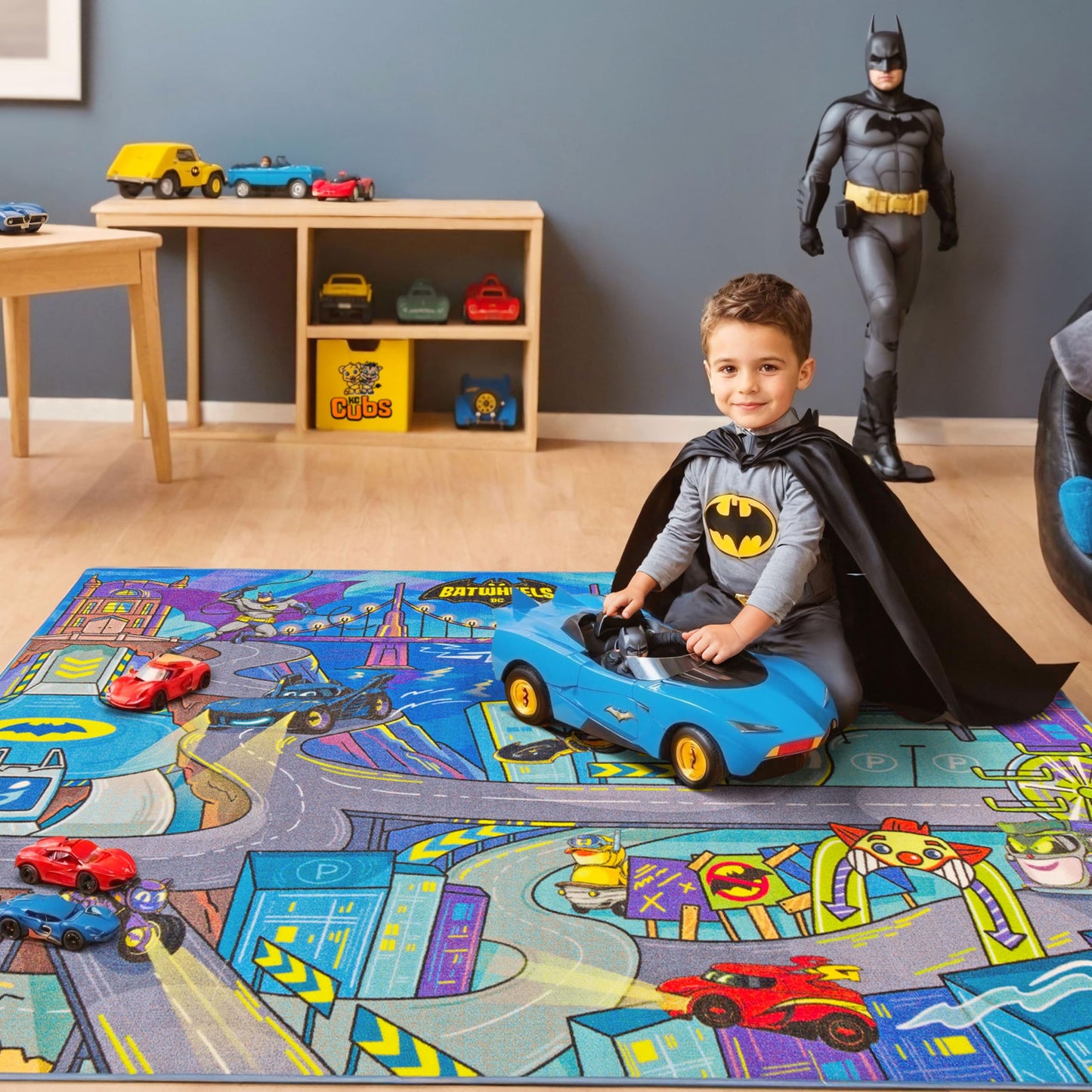 DC Batwheels Gotham City Racer Adventure Road Play Rug 5x7| Kids Interactive Toy Car Play Mat Carpet for Toddler Classroom, Playroom & Baby Nursery