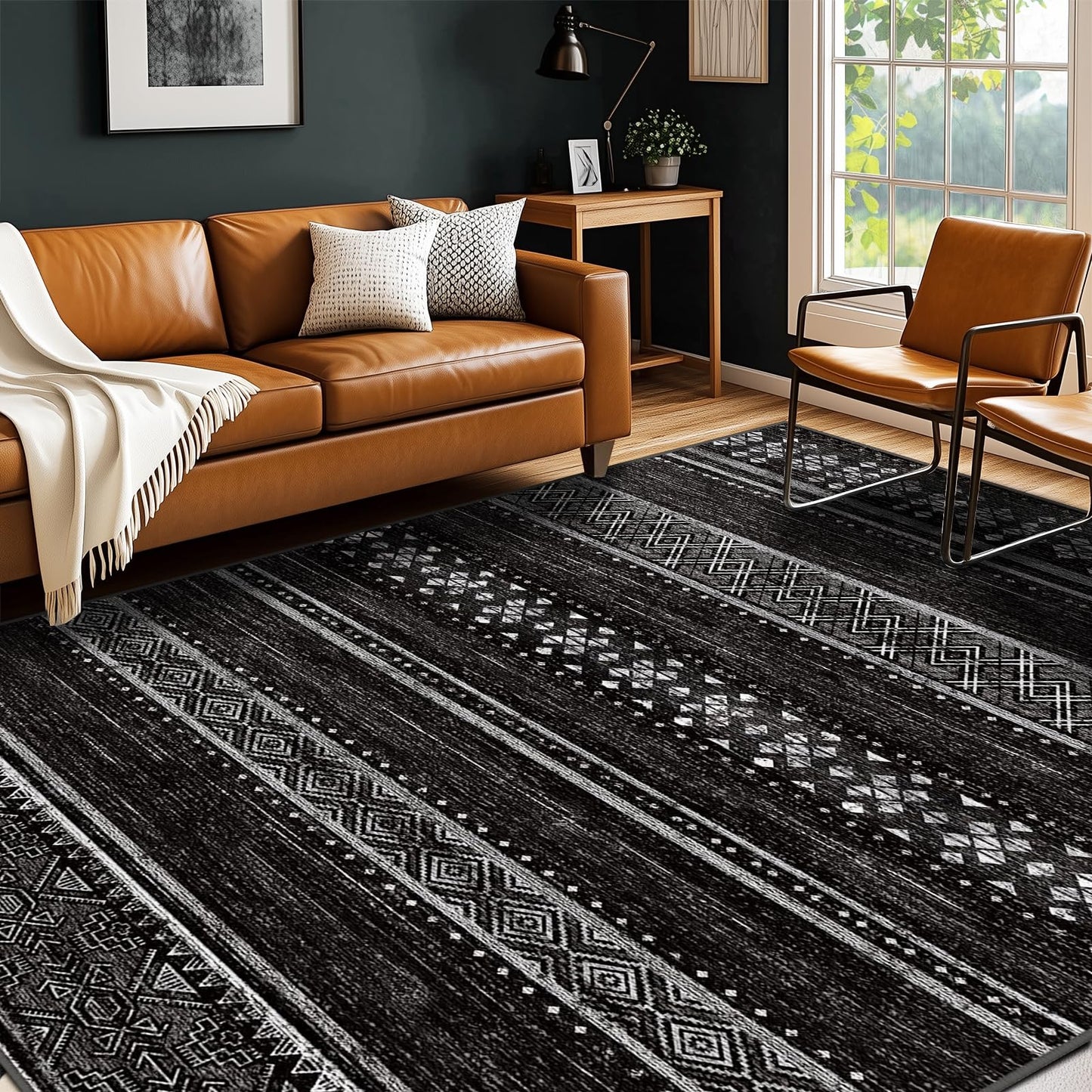 BESTSWEETIE 8x10 Area Rugs for Living Room Washable Moroccan Farmhouse Neutral Geometric Low Pile Non-Slip Soft Print Pattern Rug for Bedroom Kitchen Dining Room Entryway Black/White
