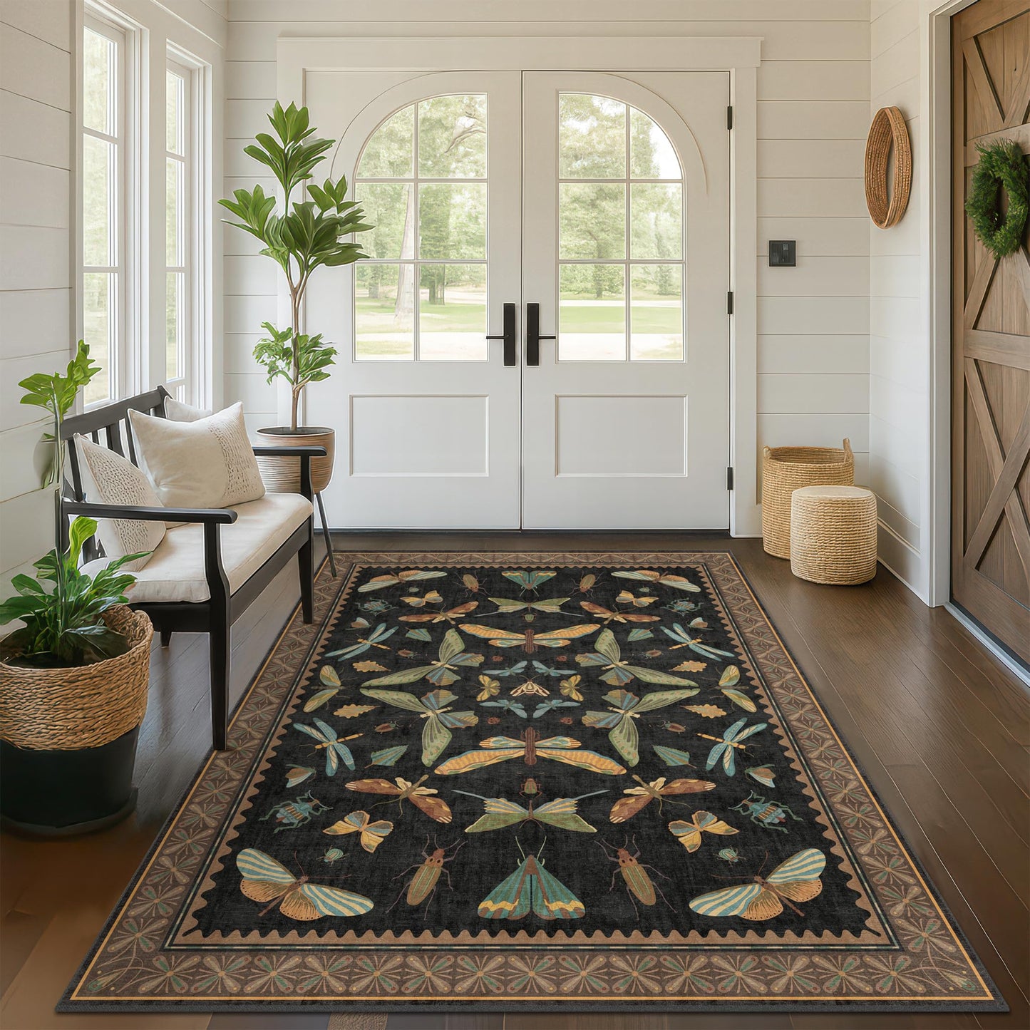 Washable 5x7 Black Rug for Living Room - Foyer Rugs for Entryway, Bedroom, Home Office, Gothic Witchy Insect Bug Floral Retro Indoor Décor
