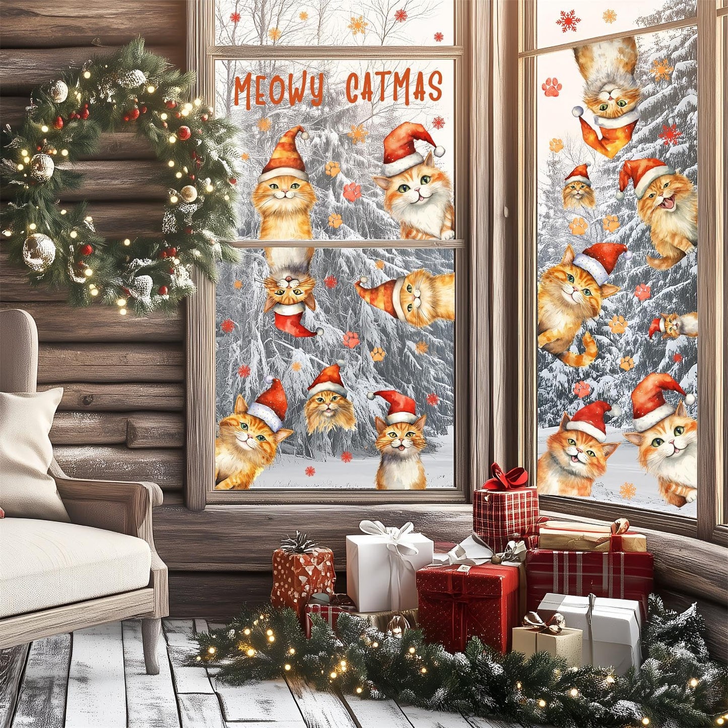 Christmas Window Clings Decoration Indoor Xmas Cat Stickers Double-Sided Merry Christmas Window Decals for Glass Windows Xmas Snowflake Decals for Winter Holiday Kids Bedroom Home Party Supplies
