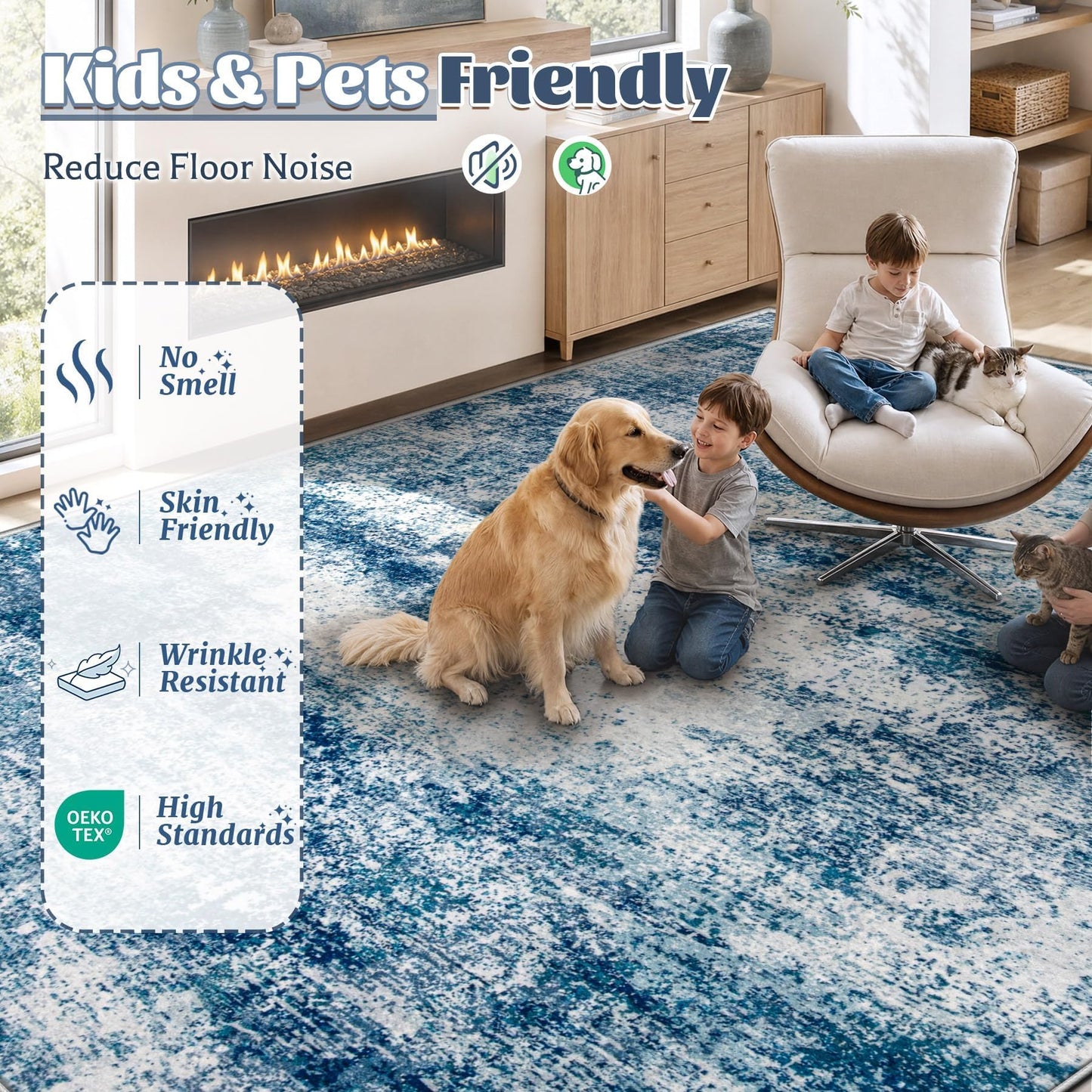 5x7 Area Rugs for Living Room, Washable Modern Abstract Rug Non-Slip Soft Low Pile Stain Resistant Carpet for Bedroom Nursery Dining Room Home Office (Blue, 5'x7')