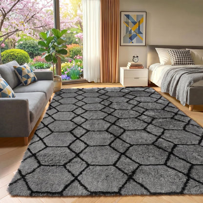 ONASAR 6x9 Area Rugs for Living Room Bedroom, Large Fluffy Grey and Black Throw Rug, Geometric Soft Plush Shaggy Fuzzy Floor Carpet for Nursery Kids Girls Boys Teen Dorm Home Office Decor Aesthetic