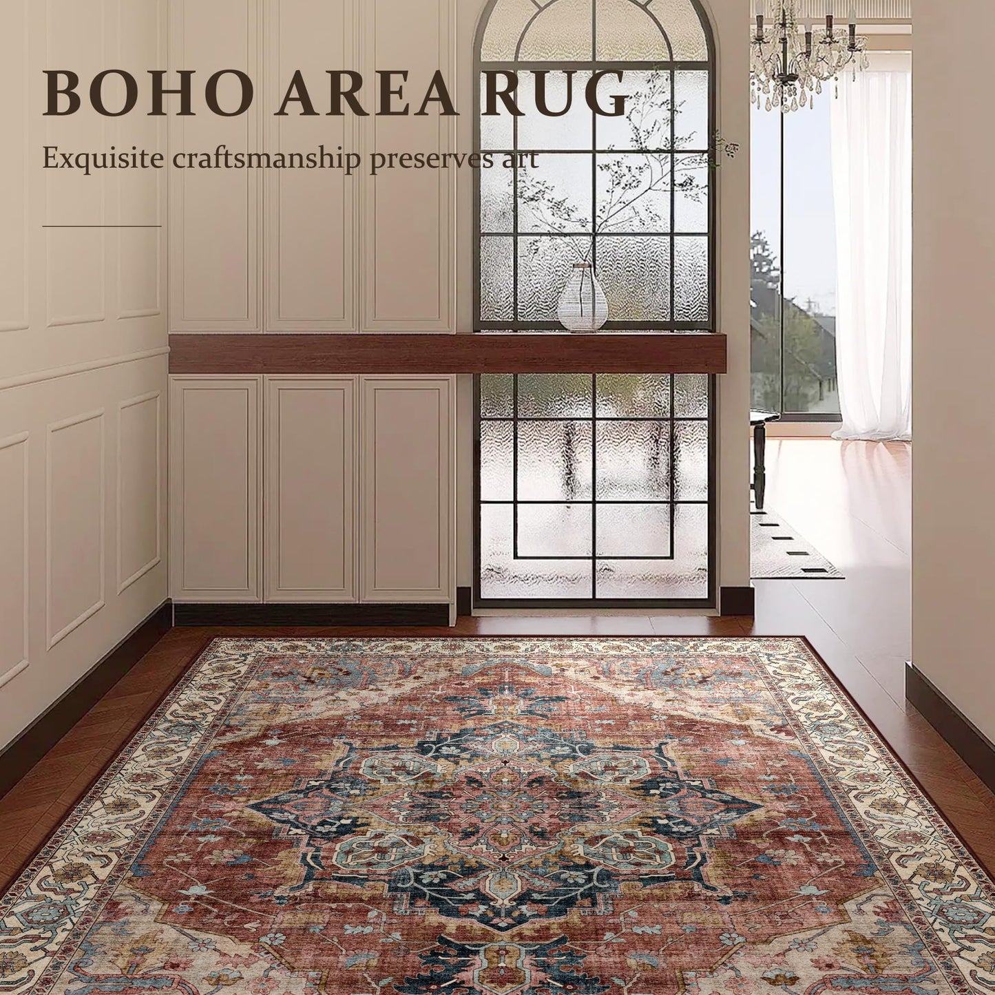 Deerly Vintage Area Rug 5x7 Boho Washable Rug for Living Room Bedroom Non Slip Low Pile 5x7 Rug for Kitchen Entryway Bedroom Dining Room Office, Brickred/Multi