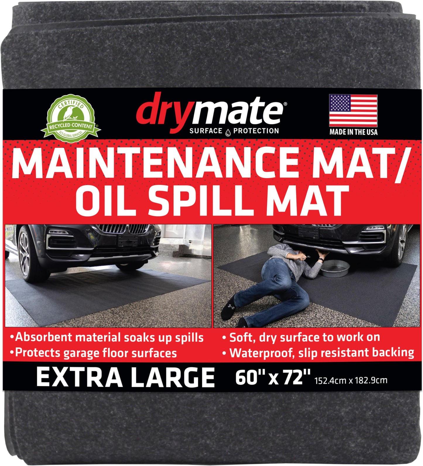 Drymate Premium Maintenance Mat Oil Spill Garage Floor Mat (60" x 72"), Absorbent, Waterproof, Contains Liquids, Protects Garage Surface or Driveway, Reusable, Washable, Durable (USA Made)