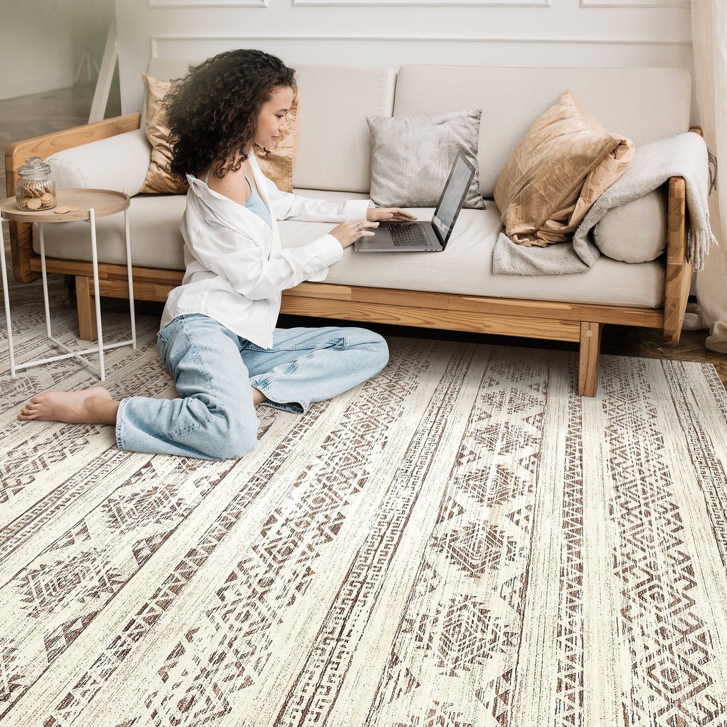 Tortania Area Rug Living Room Rugs - 5x7 Washable Large Soft Neutral Boho Moroccan Bohemian Farmhouse Rug Indoor Floor Carpet for Bedroom Under Dining Table Home Office Decor - Brown