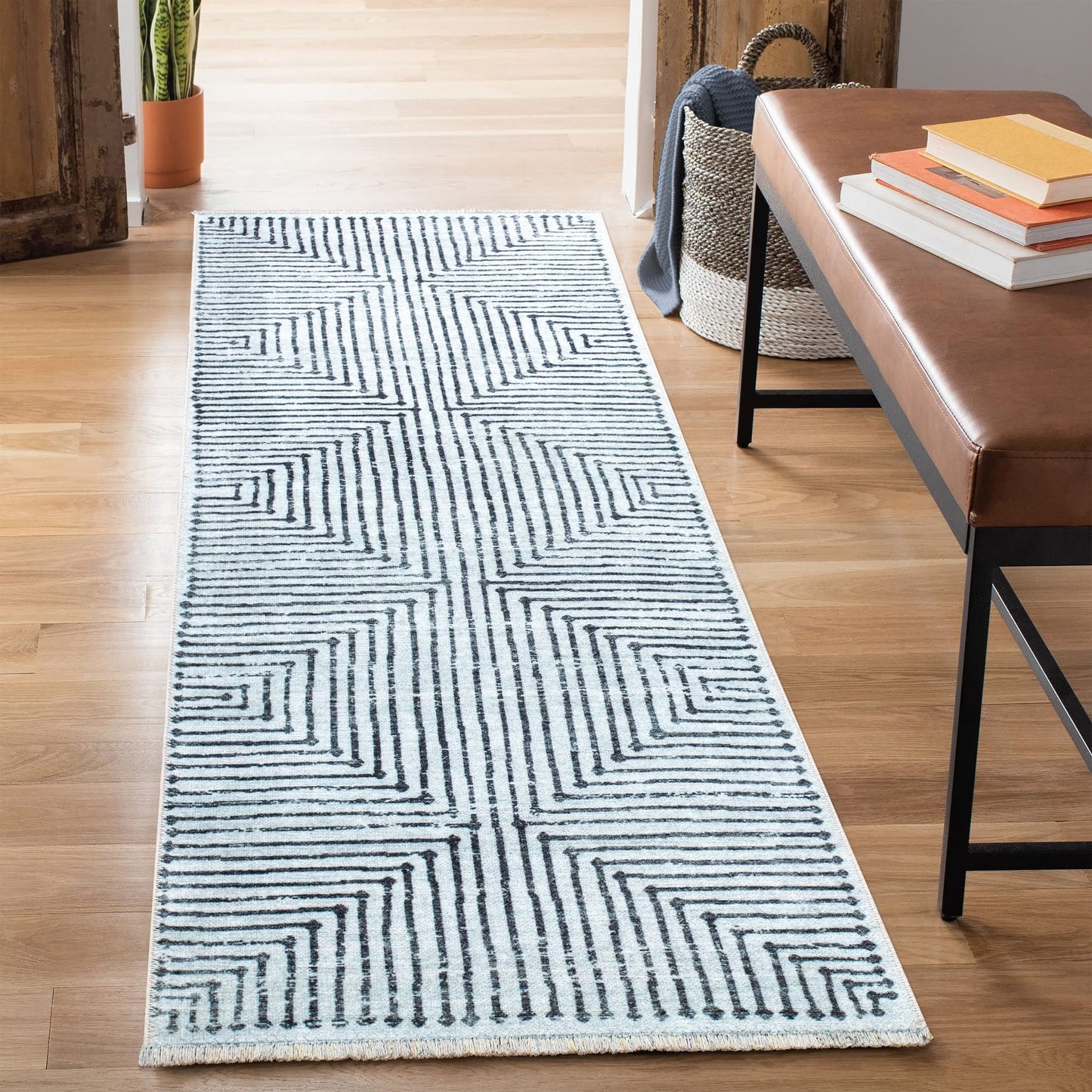 Bloom Rugs Caria Washable Non-Slip 10 ft Runner - Ivory/Black Striped Runner for Entryway, Hallway, Bathroom, and Kitchen - Exact Size: 2'6" x 10'