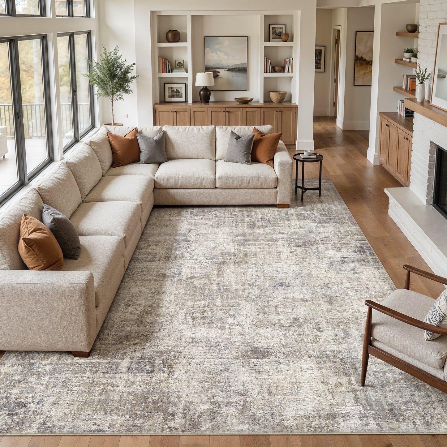 cotiled Washable 8x10 Area Rug for Living Room - Modern Abstract Carpet with Non-Slip Backing, Low Pile & Soft, Stain Resistant, Kid & Pet Friendly Decor for Bedroom & Dining Room - Brown Grey