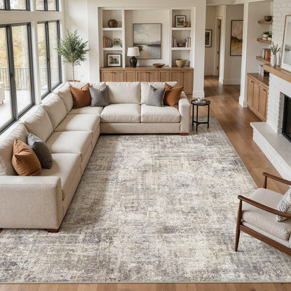 cotiled Washable 8x10 Area Rug for Living Room - Modern Abstract Carpet with Non-Slip Backing, Low Pile & Soft, Stain Resistant, Kid & Pet Friendly Decor for Bedroom & Dining Room - Brown Grey