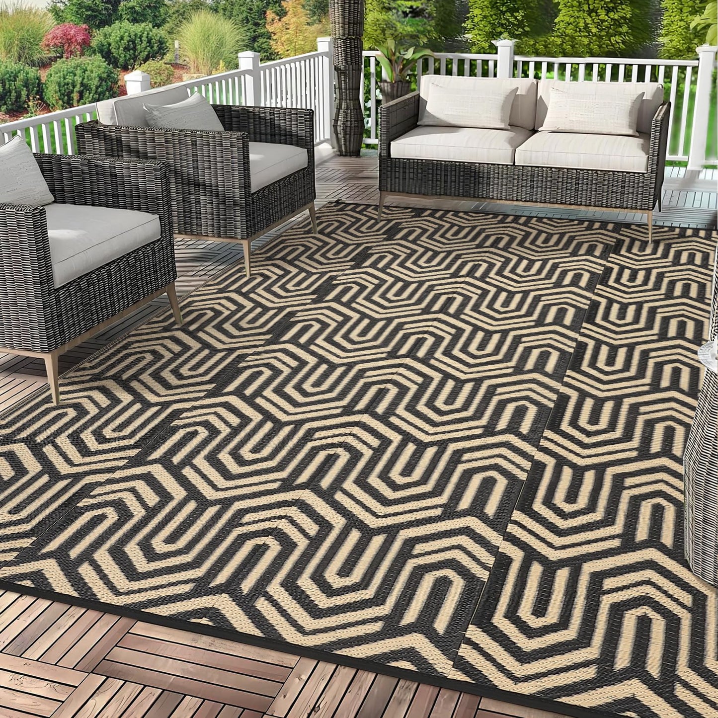 GarveeHome 9'x12' Outdoor Rug Waterproof – Large Patio Mat for Under Dining Table or Sectional Sofa – Low Pile Reversible Plastic Mat, Stain Resistant & Hose Clean, All-Weather UV Coated, Coffee