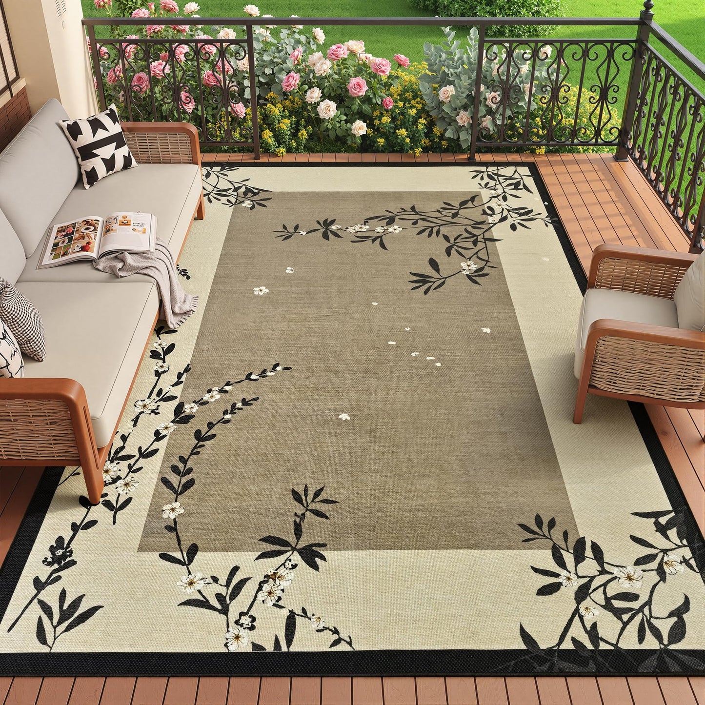 FALARK Easy Jute 4x6 Outdoor Patio Rug, Washable Rugs for Entryway Indoor Living Room Carpet, Oriental Brown Cherry Blossom Branch Neutral Non Slip Thin Door Carpet for Backyard Bedroom Kitchen