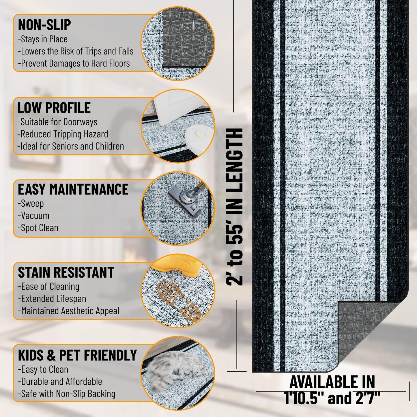 Ottomanson Aisle Runner Rug 1'10.5" x 34' – Soft Non-Slip Rug, Low Pile Carpet for Hallways, Events, Churches & Extra-Long Indoor Spaces, Border Gray