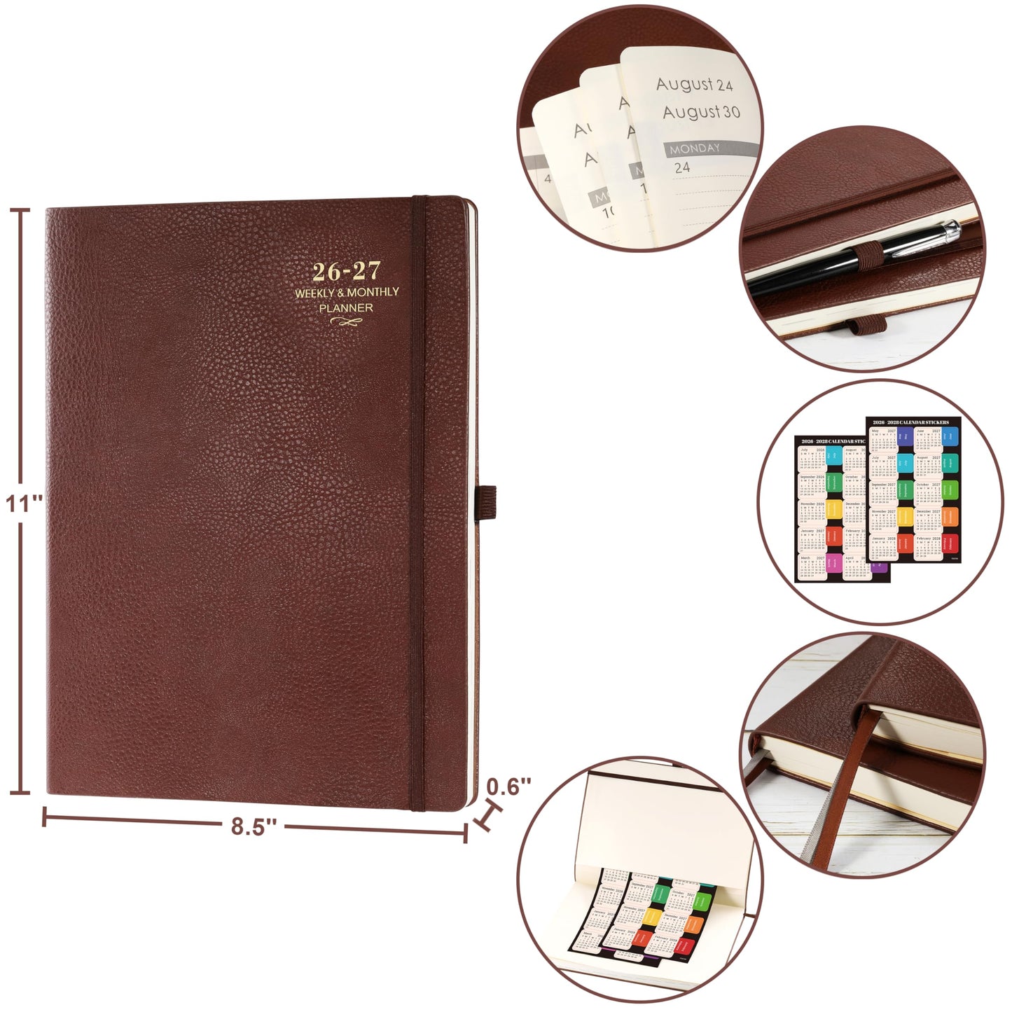 Planner 2026-2027 - JUL 2026 - JUN 2027, Academic Planner 2026-2027, 26-27 Planner, Weekly and Monthly Planner, Leather Cover Calendar Planner with Thick Paper, Back Pocket with Notes Pages, Brown (8.5" x 11")