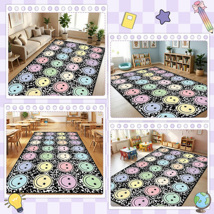 7.6x12 ft Large Smile Face Classroom Rug Happy Face Educational Area Mat Composition Notebook Play Carpet Back to School Learning Mat for Preschool Playroom Nursery Kindergarten(Black and White)