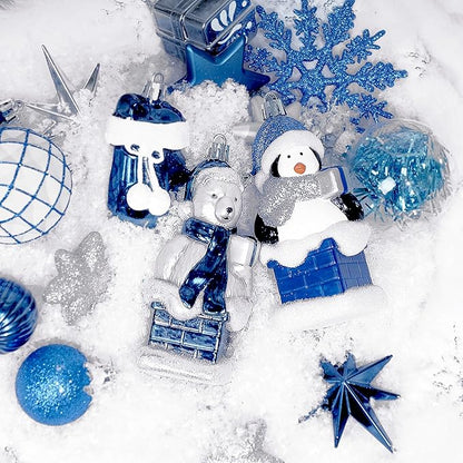 Alupssuc 112pcs Christmas Balls Ornaments Set, Shatterproof Plastic Baubles Christmas Penguin, Polar Bear for Xmas Tree Holiday Wedding Party Decorations with Hanging Strings, Blue and White