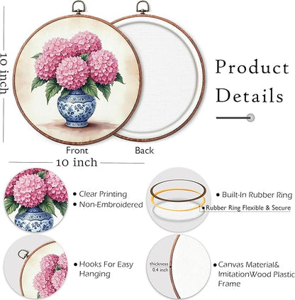 Threegoat Chinoiserie Spring Floral Framed Round Wall Art,Blue and White Hydrangea Flowers Wall Art Decor for Bedroom,Vintage Wall Hanging Decor for Grand Millenial Grandmillennial Home - A06
