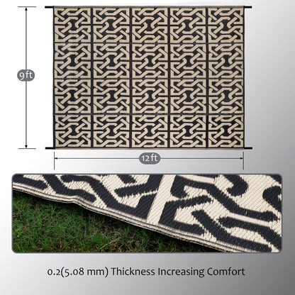 SAND MINE Reversible Mats, Plastic Straw Rug, Modern Area Rug, Large Floor Mat and Rug for Outdoors, RV, Patio, Backyard, Deck, Picnic, Beach, Camping, Trailer, Black & Beige, 9' x 12'
