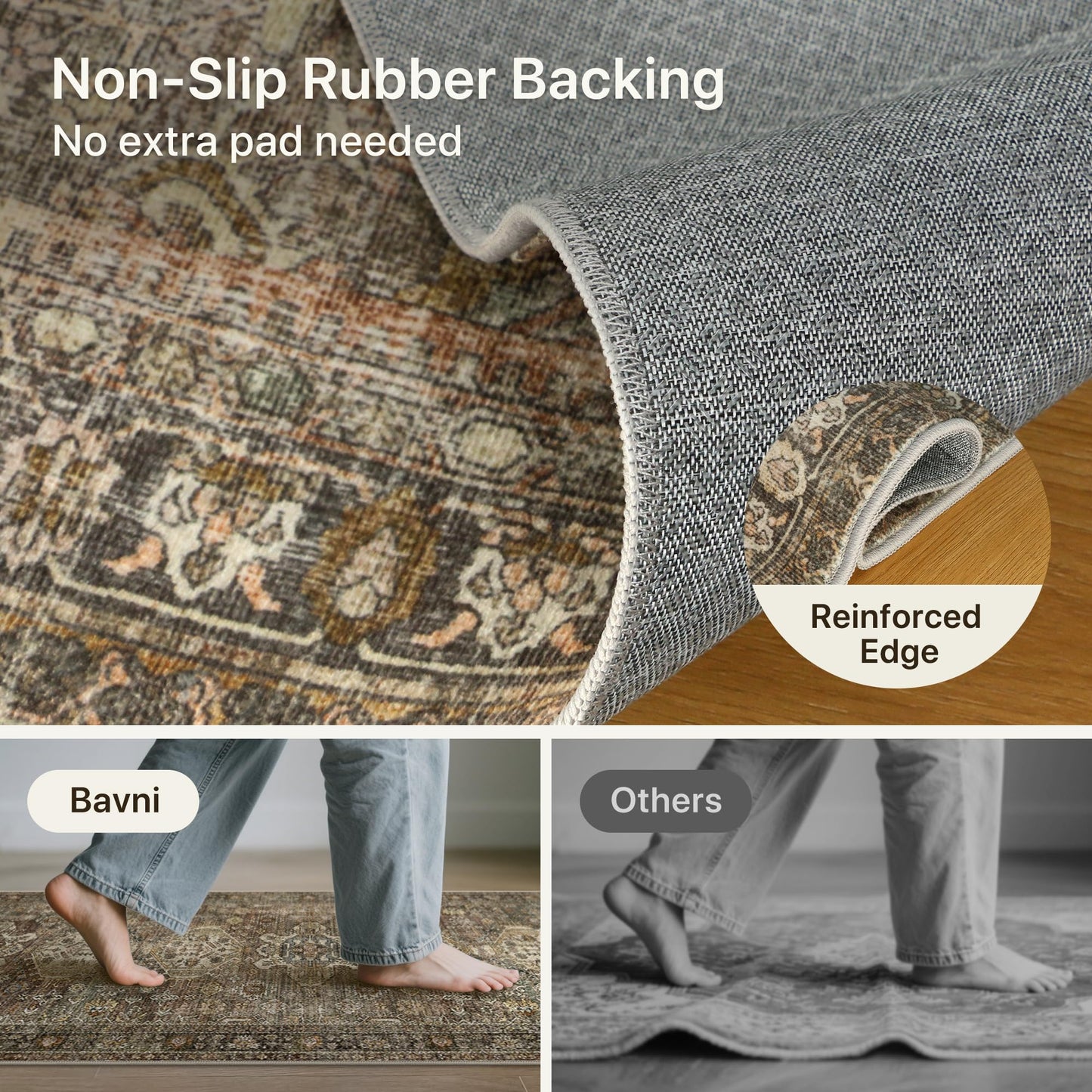 Bavni 2x5 Runner Rug, Non Slip Washable Runner Rug, Vintage Brown Hallway Rug Runner, Ultra Thin Low Pile Carpet Runner for Kitchen Bathroom Entryway Bedroom, Brown