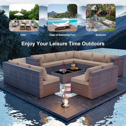 ALAULM 14 Pieces Outdoor Patio Furniture Set Sectional Sofa Sets Brown PE Rattan Patio Conversation Set w/12 Khaki Seat Cushions and 2 Coffee Tables