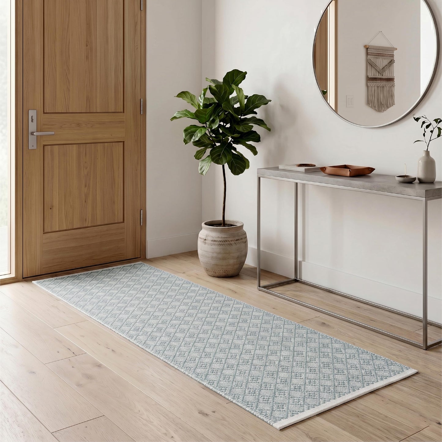 Cotton Diamond Woven Runner Rug 2x6 Feet - Spa Grey, Anti Slip Farmhouse Geomatric Home Patio Décor Runners Ideal for Hallways, Office, Kitchen | Soft Washable Bedroom Space Decorative Floor Boho Mats